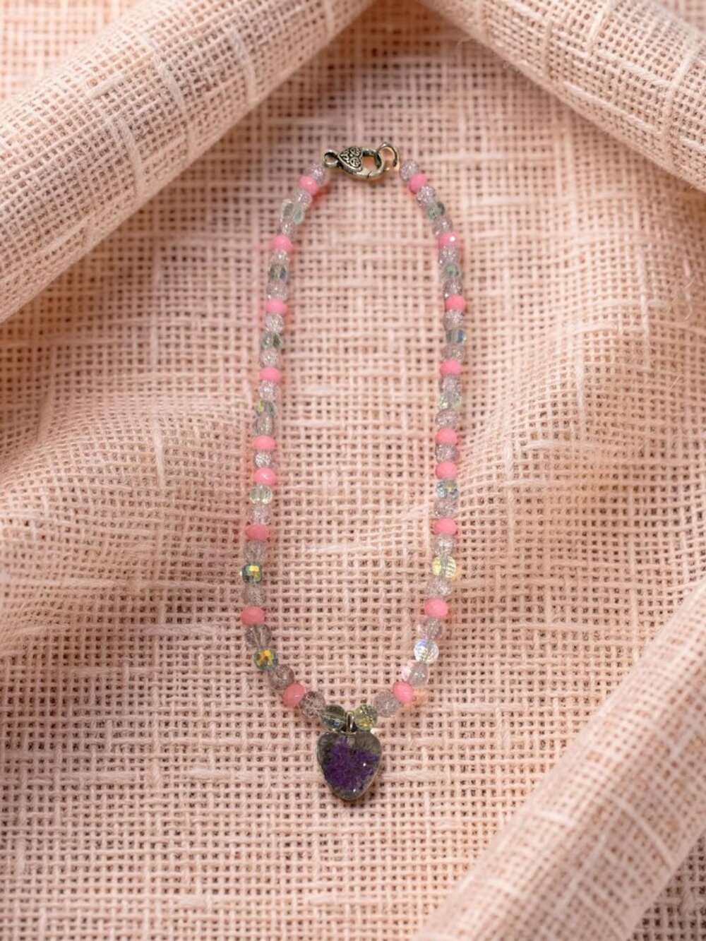 Purple dried flower pendant pink n crystal Necklace~ 19 inches long